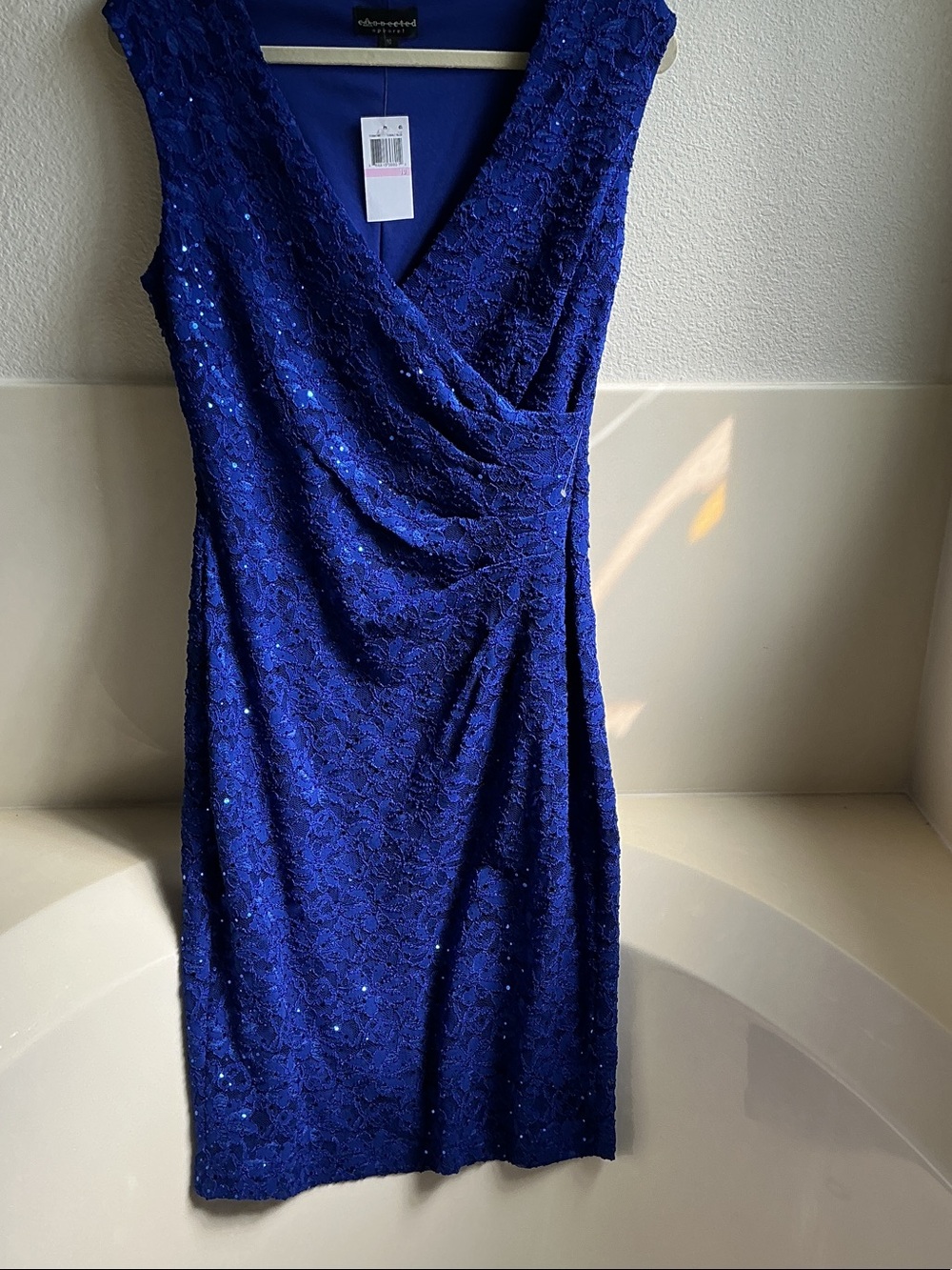 connected apparel Midnight Blue Lace V-Neck Midi Dress